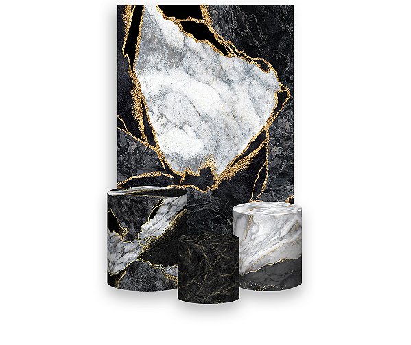 Painel De Festa Vertical 1,50 x 2,20 + Trio De Capas Cilindro - Efeito Marmorizado Preto com Cinza 077