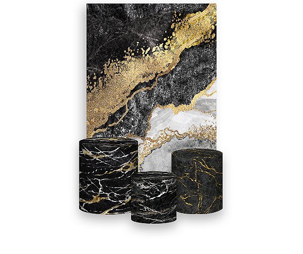 Painel De Festa Vertical 1,50 x 2,20 + Trio De Capas Cilindro - Efeito Marmorizado Preto com Dourado 078