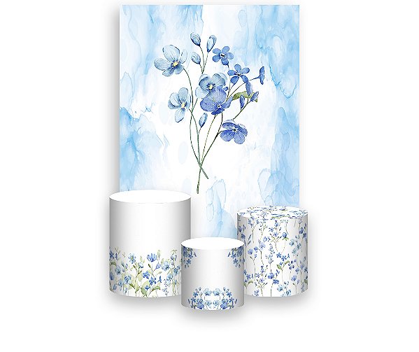 Painel De Festa Vertical 1,50 x 2,20 + Trio De Capas Cilindro - Jardim com Flores Azuis Aquarelado 064