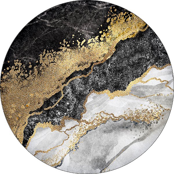 Painel De Festa Redondo 1,50x1,50 - Efeito Mármore Preto com Dourado 198