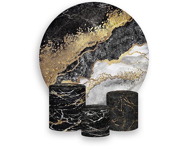 Painel De Festa Redondo 1,50 x 1,50 + Trio De Capas Cilindro - Efeito Mármore Preto com Dourado 103