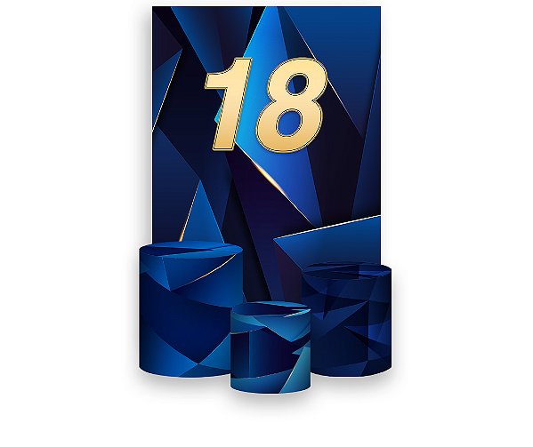 Painel De Festa Vertical 1,50 x 2,20 + Trio De Capas Cilindro - 18 Anos Azul com Dourado 196