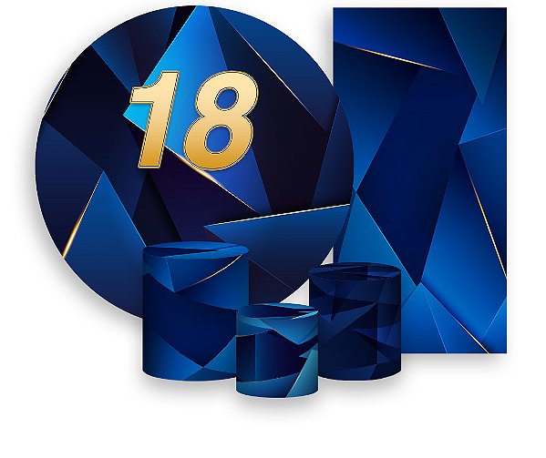 Painel De Festa + Trio De Capas Cilindro + Faixa Veste Fácil - 18 Anos Azul com Dourado 057