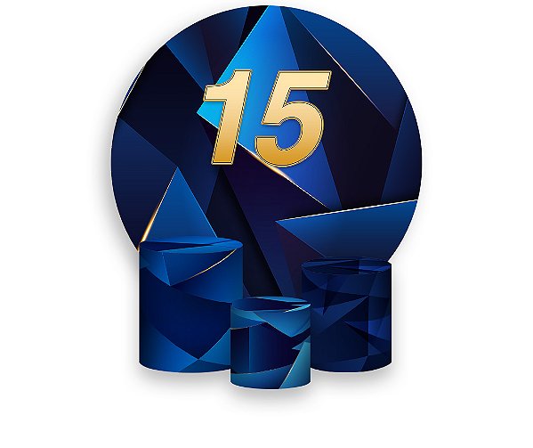 Painel De Festa Redondo 1,50 x 1,50 + Trio De Capas Cilindro - 15 Anos Azul Marinho com Dourado 306