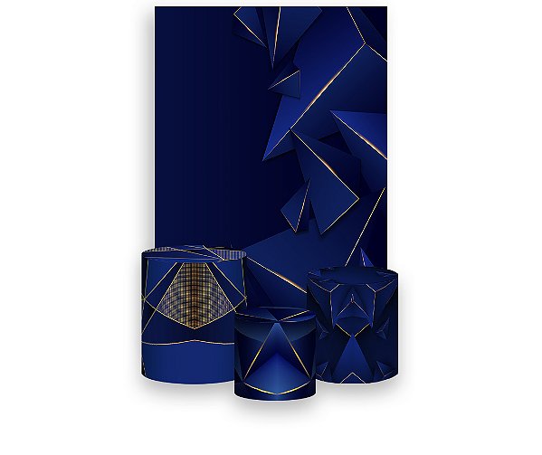 Painel De Festa Vertical 1,50 x 2,20 + Trio De Capas Cilindro - Azul com Geométrico Dourado 037