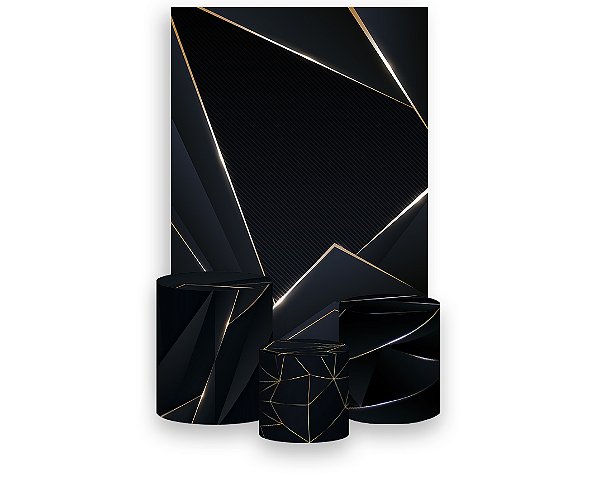 Painel De Festa Vertical 1,50 x 2,20 + Trio De Capas Cilindro - Preto com Geométrico Dourado 039