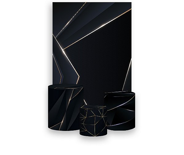 Painel De Festa Vertical 1,50 x 2,20 + Trio De Capas Cilindro - Preto com Geométrico Dourado 040
