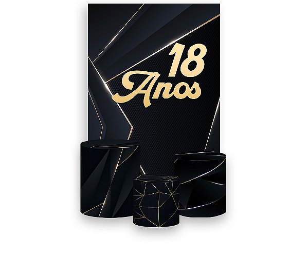 Painel De Festa Vertical 1,50 x 2,20 + Trio De Capas Cilindro - 18 Anos Preto com Dourado 198