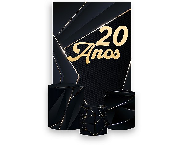 Painel De Festa Vertical 1,50 x 2,20 + Trio De Capas Cilindro - 20 Anos Preto com Dourado 199