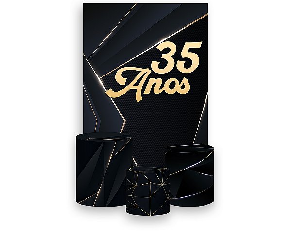 Painel De Festa Vertical 1,50 x 2,20 + Trio De Capas Cilindro - 35 Anos Preto com Dourado 208