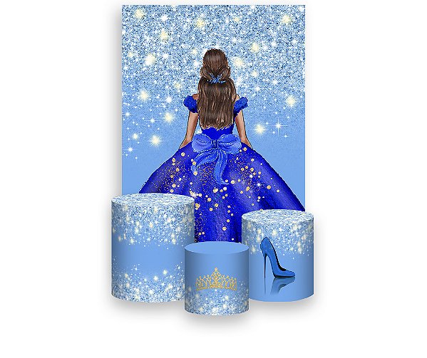 Painel De Festa Vertical 1,50 x 2,20 + Trio De Capas Cilindro - Princesa Efeito Glitter Azul 215
