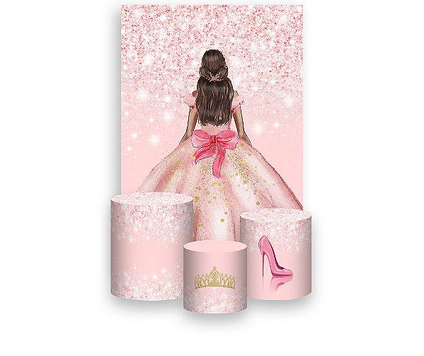 Painel De Festa Vertical 1,50 x 2,20 + Trio De Capas Cilindro - Princesa Efeito Glitter Rosa Suave 216