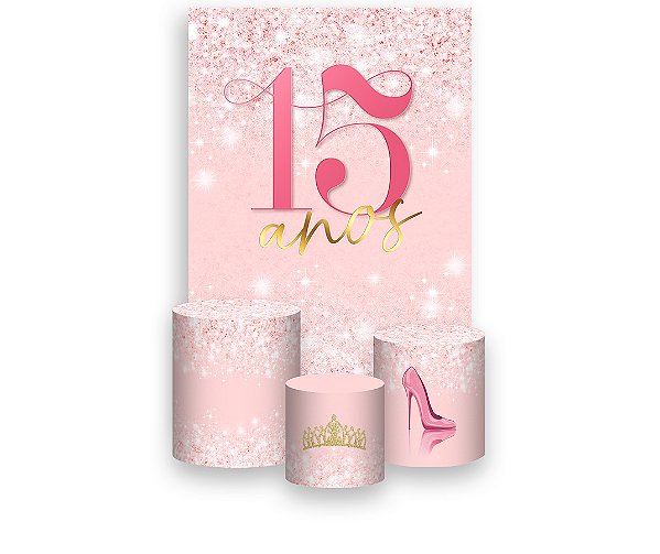 Painel De Festa Vertical 1,50 x 2,20 + Trio De Capas Cilindro - 15 Princesa Efeito Glitter Rosa Suave 217