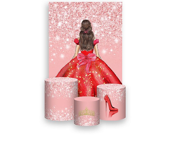 Painel De Festa Vertical 1,50 x 2,20 + Trio De Capas Cilindro - Princesa Efeito Glitter Rosa 218