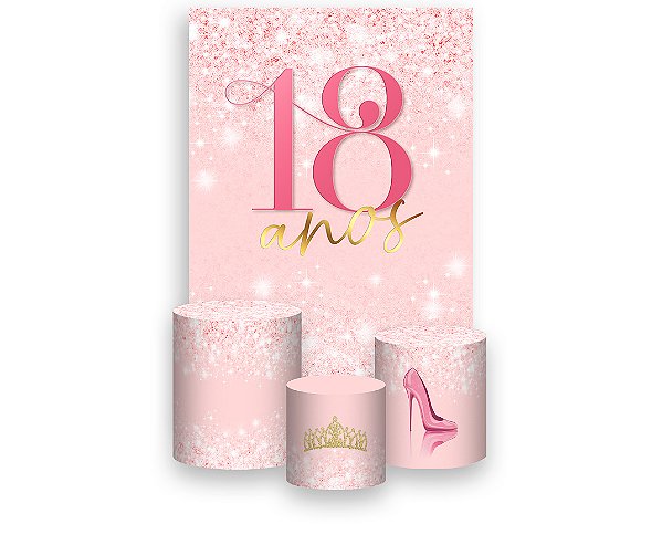Painel De Festa Vertical 1,50 x 2,20 + Trio De Capas Cilindro - 18 Anos Rosa Suave Efeito Glitter 226