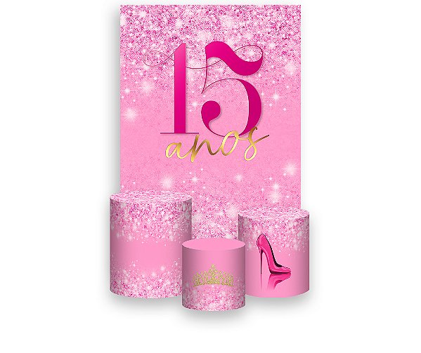 Painel De Festa Vertical 1,50 x 2,20 + Trio De Capas Cilindro - 15 Anos Pink Efeito Glitter 227