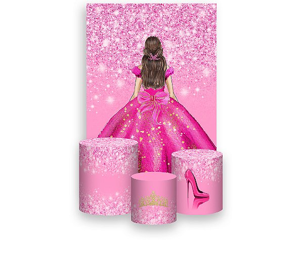 Painel De Festa Vertical 1,50 x 2,20 + Trio De Capas Cilindro - Princesa Pink Efeito Glitter 228