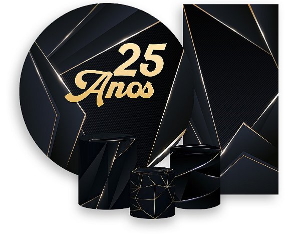 Painel De Festa + Trio De Capas Cilindro + Faixa Veste Fácil - 25 Anos Preto com Dourado 061