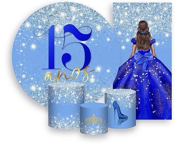 Painel De Festa + Trio De Capas Cilindro + Faixa Veste Fácil - 15 Anos Princesa Azul Efeito Glitter 075