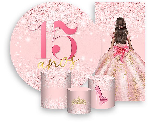 Painel De Festa + Trio De Capas Cilindro + Faixa Veste Fácil - 15 Anos Princesa Rosa Efeito Glitter 076