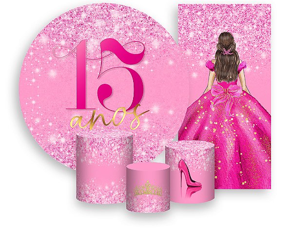 Painel De Festa + Trio De Capas Cilindro + Faixa Veste Fácil - 15 Anos Princesa Pink Efeito Glitter 078