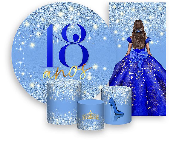 Painel De Festa + Trio De Capas Cilindro + Faixa Veste Fácil - 18 Anos Princesa Azul Efeito Glitter 080