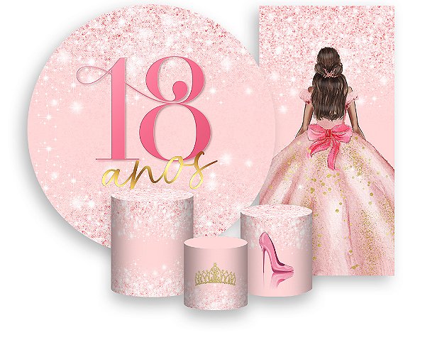 Painel De Festa + Trio De Capas Cilindro + Faixa Veste Fácil - 18 Anos Princesa Rosa Suave Efeito Glitter 082