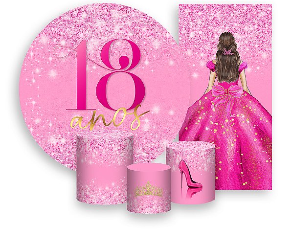 Painel De Festa + Trio De Capas Cilindro + Faixa Veste Fácil - 18 Anos Princesa Pink Efeito Glitter 084