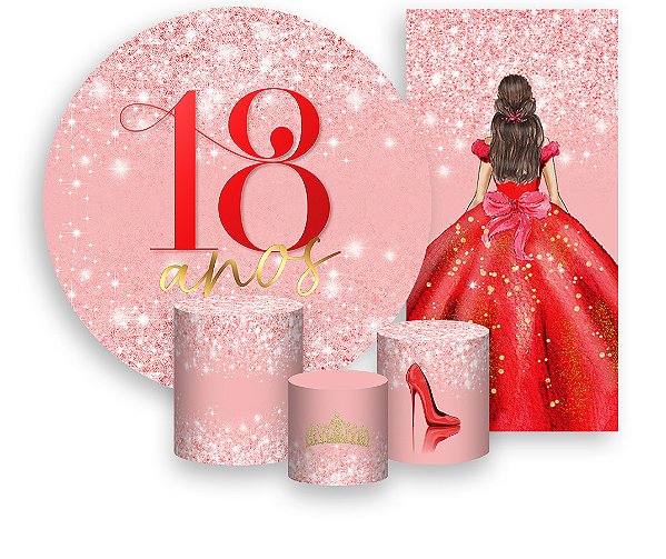 Painel De Festa + Trio De Capas Cilindro + Faixa Veste Fácil - 18 Anos Princesa Vermelho Efeito Glitter 085