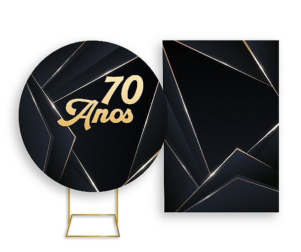 Painel De Festa Redondo 1,50x1,50 + Vertical 1,50x2,20 - 70 Anos Preto com Dourado 081