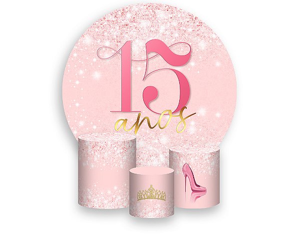 Painel De Festa Redondo 1,50 x 1,50 + Trio De Capas Cilindro - 15 Anos Efeito Glitter Rosa Suave 312