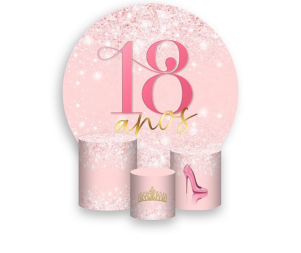 Painel De Festa Redondo 1,50 x 1,50 + Trio De Capas Cilindro - 18 Anos Efeito Glitter Rosa Suave 317
