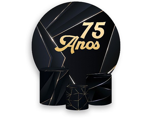 Painel De Festa Redondo 1,50 x 1,50 + Trio De Capas Cilindro - 75 Anos Preto e Dourado 330