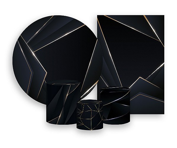 Kit 2 Painéis De Festa + Trio De Capas Cilindro - Geométrico Preto e Dourado 036