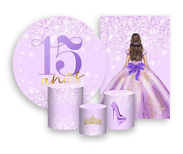 Kit 2 Painéis De Festa + Trio De Capas Cilindro - 15 Anos Princesa Lilás Efeito Glitter 063