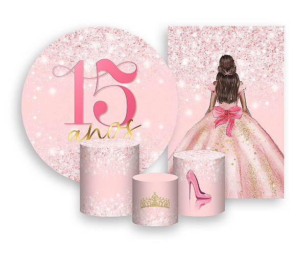 Kit 2 Painéis De Festa + Trio De Capas Cilindro - 15 Anos Princesa Rosa Suave Efeito Glitter 065