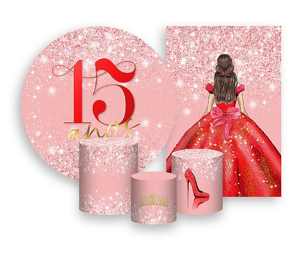 Kit 2 Painéis De Festa + Trio De Capas Cilindro - 15 Anos Princesa Vermelho Efeito Glitter 066