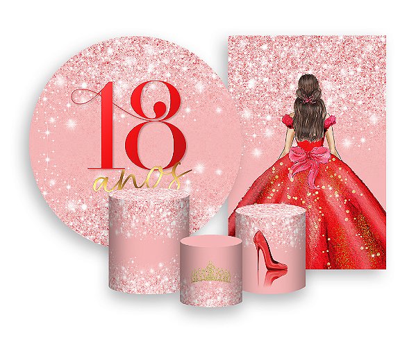 Kit 2 Painéis De Festa + Trio De Capas Cilindro - 18 Anos Princesa Vermelho Efeito Glitter 073