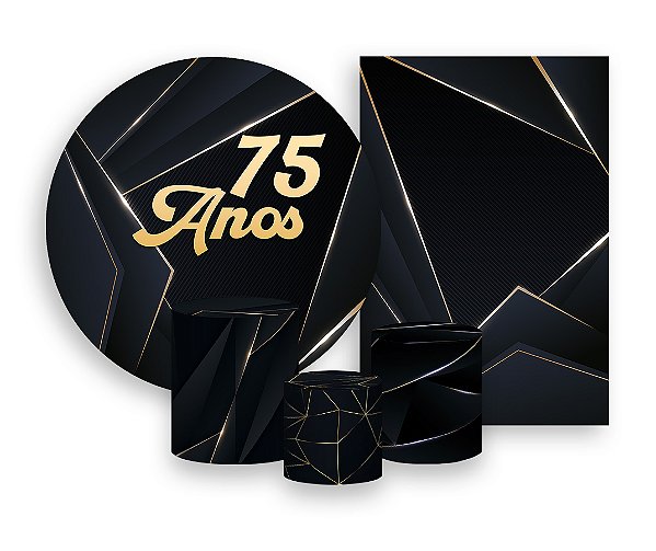 Kit 2 Painéis De Festa + Trio De Capas Cilindro - 75 Anos Preto com Dourado 085