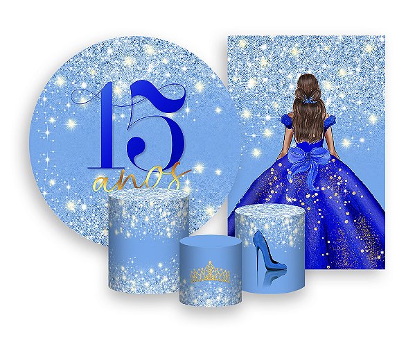 Kit 2 Painéis De Festa + Trio De Capas Cilindro - 15 Anos Princesa Azul Efeito Glitter 062