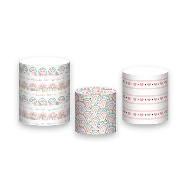 Trio De Capas De Cilindro - Arco-íris Boho Rosa e Verde Pastel 008