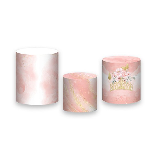 Trio De Capas De Cilindro - 15 Anos Efeito Marmorizado Rosa com Branco 029