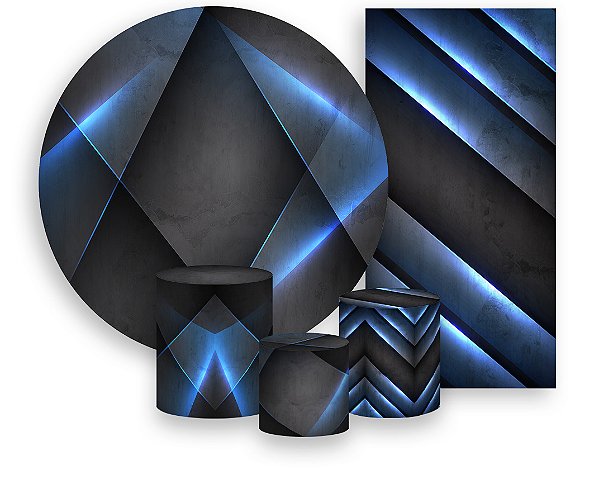 Painel De Festa + Trio De Capas Cilindro + Faixa Veste Fácil - Geométrico Grafite e Azul 033