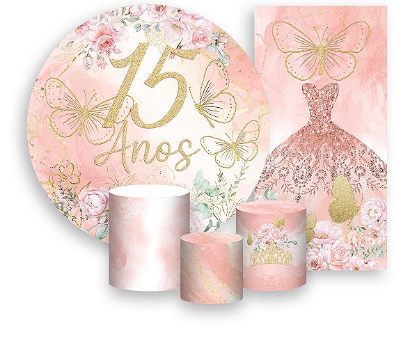 Painel De Festa + Trio De Capas Cilindro + Faixa Veste Fácil - 15 Anos Rosa com Florese Borboletas 088