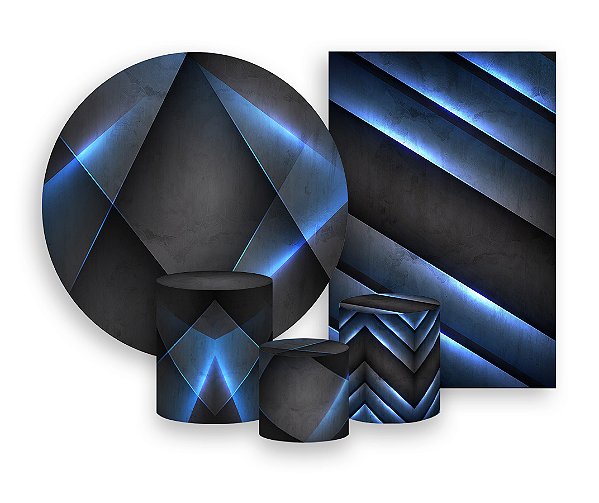 Kit 2 Painéis De Festa + Trio De Capas Cilindro - Geométrico Masculino Grafite e Azul 037
