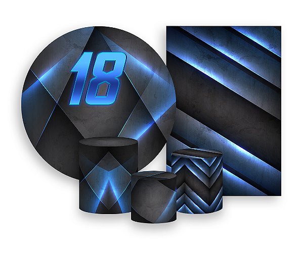 Kit 2 Painéis De Festa + Trio De Capas Cilindro - 18 Anos Geométrico Masculino Grafite e Azul 090