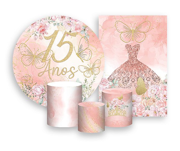 Kit 2 Painéis De Festa + Trio De Capas Cilindro - 15 Anos Rosa com Flores e Borboletas 091