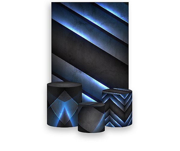 Painel De Festa Vertical 1,50 x 2,20 + Trio De Capas Cilindro - Geométrico Masculino Grafite e Azul 042