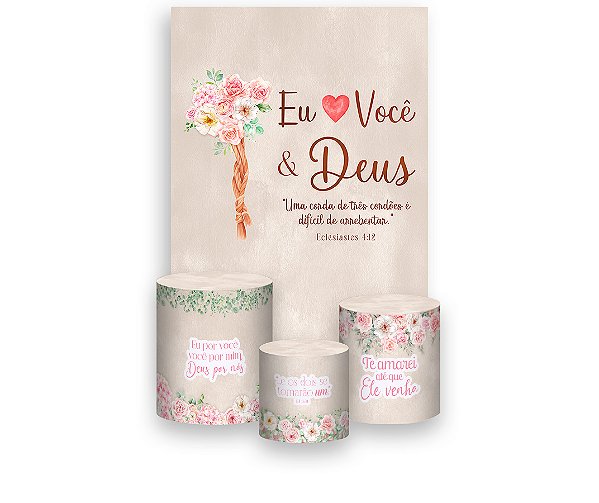 Painel De Festa Vertical 1,50 x 2,20 + Trio De Capas Cilindro - Eu Amo Você e Deus Rosa e Branco 041