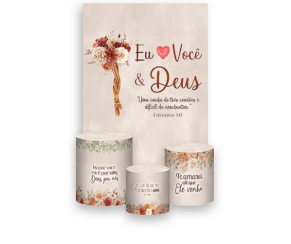 Painel De Festa Vertical 1,50 x 2,20 + Trio De Capas Cilindro - Bodas Eu Amo Você e Deus Marrom 042
